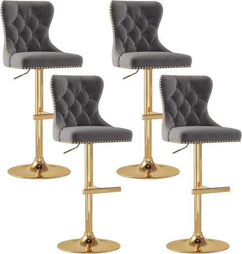 Vista 14 de Juego de 2 taburetes de bar, taburetes giratorios de terciopelo con respaldo copetudo, asiento ajustable con ribete de cabezas de clavos, sillas