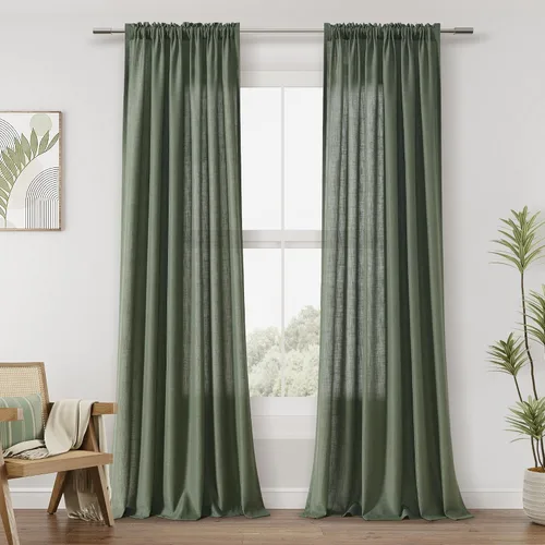 Vista 45 de Cortinas de lino verde aguamarina de 84 pulgadas de largo, juego de 2 paneles semitransparentes con bolsillo para barra para comedor, decoración