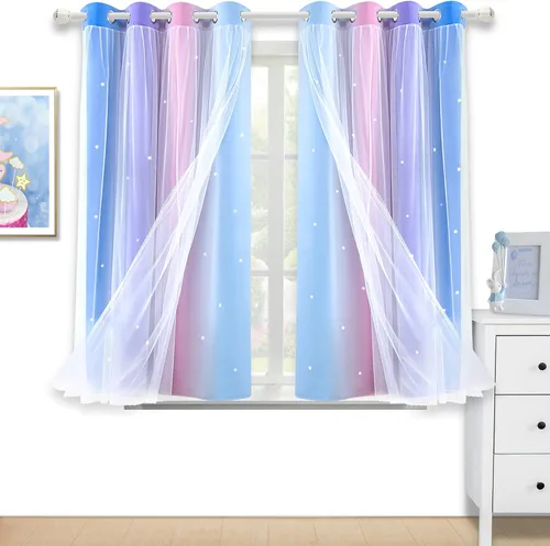 Vista 22 de Cortinas opacas con recorte de estrellas y arcoíris para guardería/habitación de niños/niñas, con superposición de tul, 2 paneles, cada una de 52