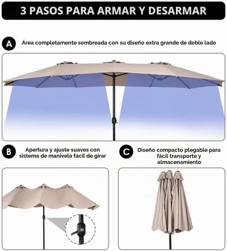 Vista 6 de Tangkula Sombrilla de patio de 15 pies de doble cara para mesa de mercado al aire libre con manivela (beige)