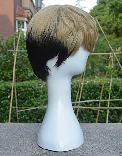 Vista 2 de Peluca de cosplay de anime para hombres y niños, peluca corta mixta de cabello rubio negro, peluca de cosplay, peluca de Halloween, fiesta de Navidad