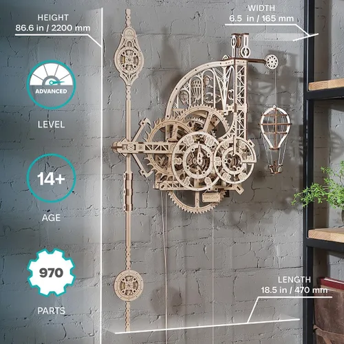 Vista 7 de UGEARS Aero Clock - Rompecabezas 3D de madera para adultos, kit de modelo mecánico de madera para adultos, reloj de pared, rompecabezas 3D con kit