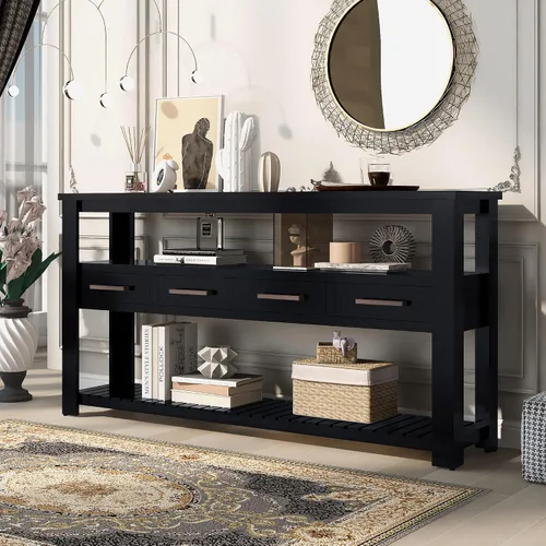 Vista 24 de Quarte Elegante mesa consola con tres cajones de almacenamiento, mesa de sofá extra larga para entrada, pasillo, sala de estar, vestíbulo, pasillo