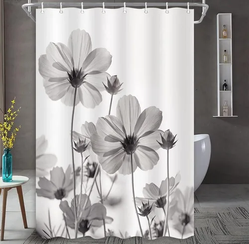 Vista 12 de MERCHR Cortina única floral azul para decoración de baño, cortina de ducha estilo granja con flores de margarita azul y gris elegantes y diseño