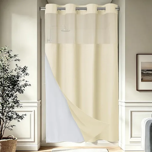Vista 24 de EUTXL Cortina de ducha beige sin gancho con forro a presión, 230 GSM, cortinas de ducha para baño, 71 pulgadas de ancho x 74 pulgadas de alto