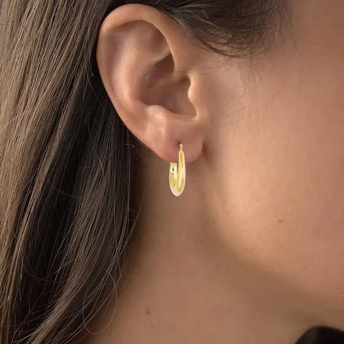 Vista 2 de Aretes de aro ovalados de oro amarillo de 14 quilates con cierre con bisagras, varios tamaños y diseños, aros de oro amarillo Aretes de oro macizo