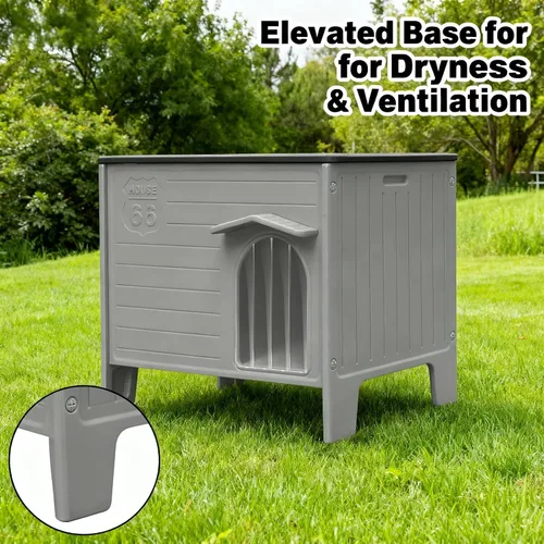 Vista 7 de Casa grande para perros para exteriores, aislada, resistente a la intemperie, doble HDPE, diseño elevado, fácil de montar, interior expansivo, gris