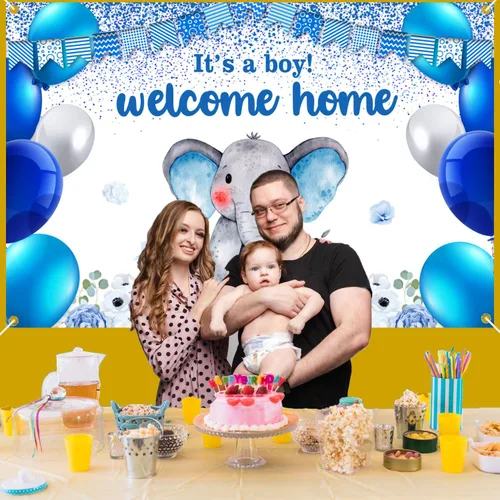 Vista 3 de Cartel de revelación de género con texto en inglés "I'm a Boy" para fiesta de baby shower, cabina de fotos, decoración de fondo de elefante azul