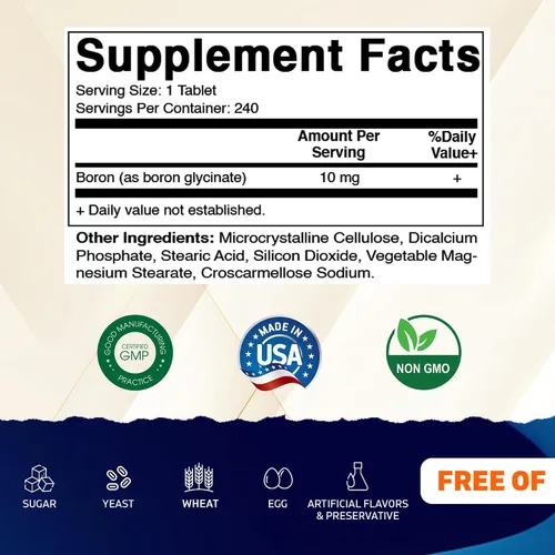 Vista 2 de Vitamatic Boro quelado (como glicinato) 10 mg 240 tabletas - Apoya el equilibrio hormonal, la salud ósea y el tejido conectivo