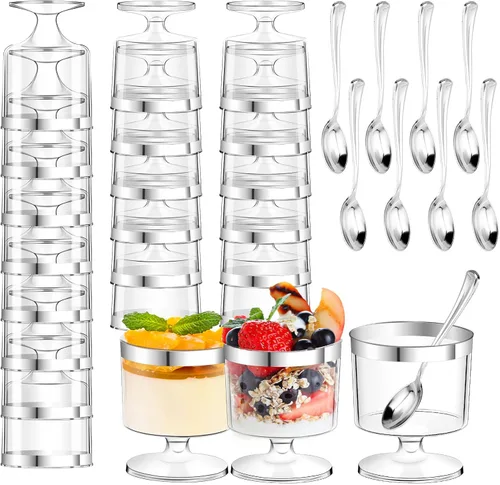Vista 10 de DI QIU REN 120 Piezas Vasos de Postre de 5oz con Cuchara Dorada, Vaso de Plástico Transparente para Postre Parfait Aperitivo Pudín, Copas Redondas