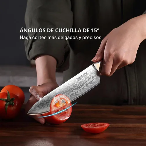 Vista 5 de PAUDIN Cuchillo de chef de Damasco, cuchillo de cocina de 8 pulgadas, cuchillo de acero de Damasco de 67 capas, núcleo japonés VG10, cuchillo