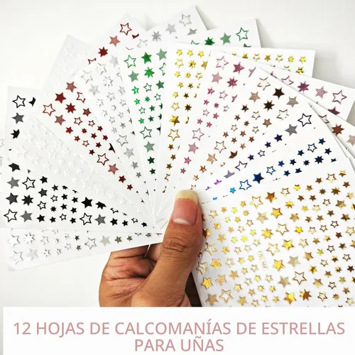 Vista 2 de Calcomanías de uñas de estrella, 12 hojas de calcomanías de estrella de uñas 3D para arte de uñas, decoración de uñas de estrella colorida