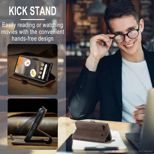 Vista 4 de Kowauri Funda para Google Pixel 6A, diseño clásico de piel con cierre magnético, con ranura para tarjetero, a prueba de golpes, funda protectora Café