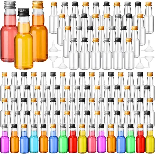 Vista 10 de 120 piezas de mini botellas de licor herméticas, botellas de plástico vacías en miniatura con embudo para tragos de alcohol, ideales para regalos