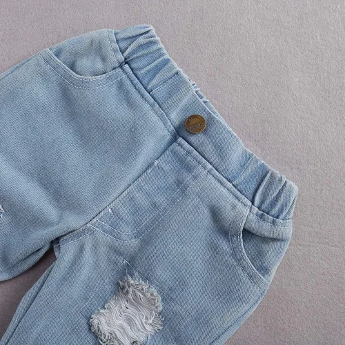 Vista 8 de Pivanzore Conjunto de ropa para bebé niña con encaje blanco ahuecado de manga larga + pantalones de mezclilla rasgados