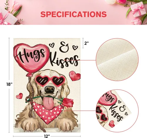 Vista 5 de AVOIN colorlife Bandera de jardín de perro para el día de San Valentín, 12 x 18 pulgadas, Golden Retriever Hugs Kisses de doble cara, aniversario
