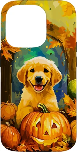 Vista 17 de Cute Golden Retriever Fall Pumpkin Autumn Leaves Halloween Case for iPhone 16