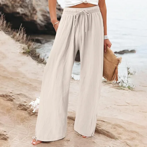 Vista 2 de Pantalones de trabajo para mujer, de lino, de cintura alta, color sólido, pierna ancha, acampanados, para verano, casual, pantalones de yoga