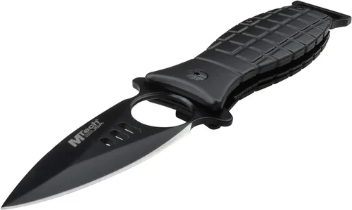Vista 4 de MTECH USA Cuchillo plegable - Hoja de acero inoxidable negro, mango estilo granada de aluminio negro con abrebotellas y clip de bolsillo, EDC