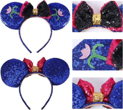 Vista 2 de ZIRICHER Diademas de lazo con orejas de ratón 2 piezas de accesorios de lentejuelas para niñas mujeres adultos niños cosplay fiesta de princesa