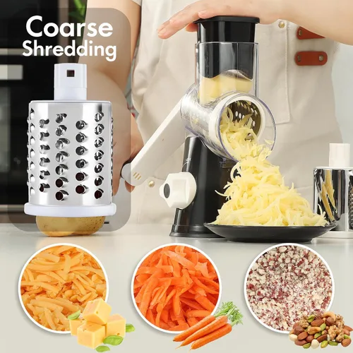 Vista 2 de Rallador de queso con manivela manual, triturador de verduras giratorio con asa y base de succión fuerte, rebanador de verduras de alta velocidad