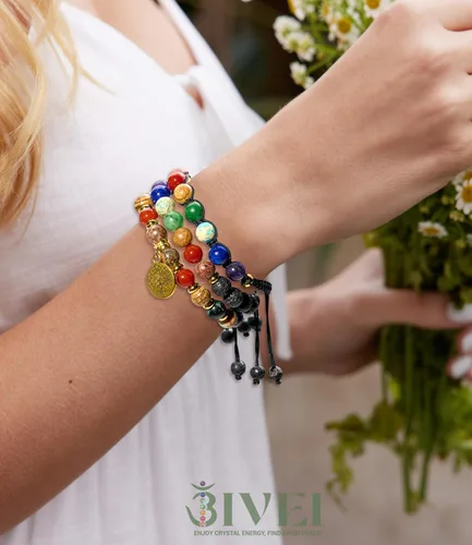 Vista 2 de Pulseras de cuentas de chakras para mujer, 0.315 in, 7 chakras, pulsera curativa con piedras reales, joyería de piedras preciosas para meditación