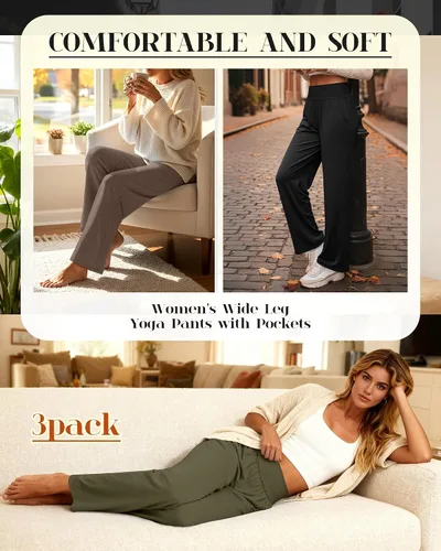 Vista 169 de Neer - Conjunto de 3 pantalones de yoga de pierna ancha para mujer - Pantalones deportivos cómodos, holgados, de cintura alta y casuales
