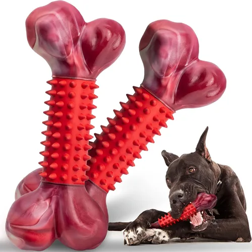 Vista 10 de Juguetes resistentes para perros masticadores agresivos de raza grande, hueso para masticar con sabor a tocino, juguete masticable de nailon y goma