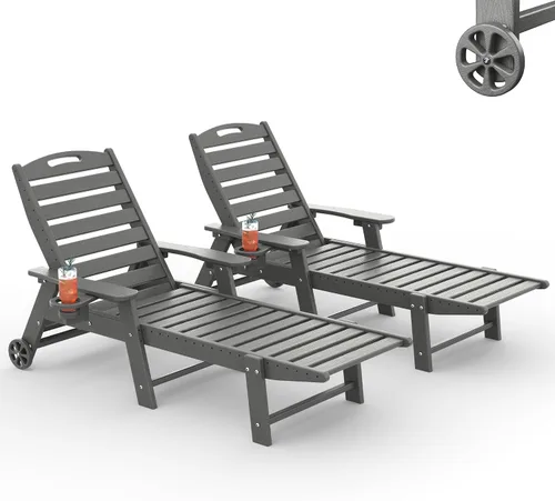 Vista 11 de Tumbona al aire libre, silla de descanso al aire libre con textura de madera, respaldo ajustable de 5 posiciones, silla de salón de polietileno