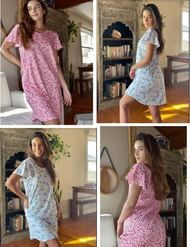 Vista 4 de Ekouaer - Pack de 2 camisones de manga corta para mujer, cómodos y suaves, pijama estilo vestido para dormir