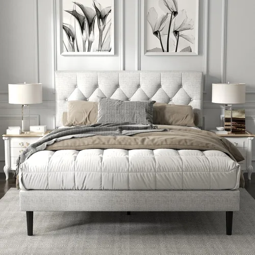Vista 10 de HAOARA Armazón de Cama de Plataforma Tamaño Completo con Cabecera Tapizada con Botones Capitoné, Base de Colchón con Soporte de Listones de Madera