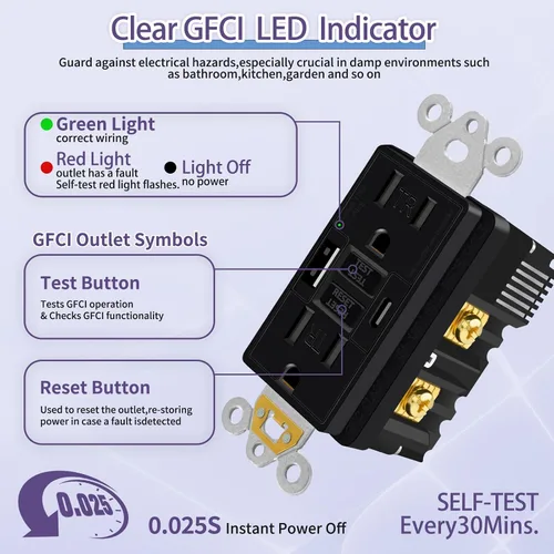 Vista 3 de Toma GFCI negra de 15 amperios con puertos USB C y USB-A, 1 unidad de 24 W de autotprueba GFCI USB Combo con indicador LED, resistente a