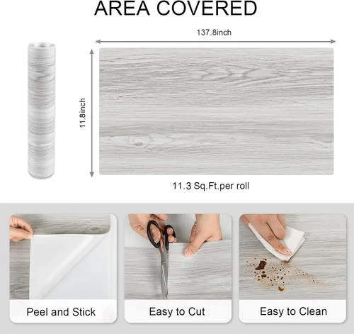 Vista 5 de Azulejos de suelo de despegar y pegar: rollo de 11.8x137.8 pulgadas con textura de grano de madera, pisos de vinilo autoadhesivos e impermeables sin
