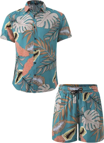 Vista 2 de Atwfo Conjunto de camisa hawaiana y pantalón corto para hombre, conjunto de 2 piezas para vacaciones, casual, con botones, playa, trajes florales