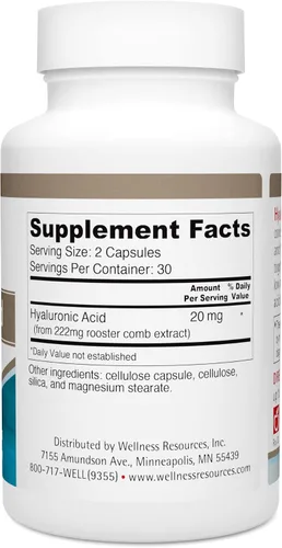 Vista 2 de Wellness Resources Ácido hialurónico de peine de gallo, fuente 100% natural de bajo peso molecular (60 cápsulas)