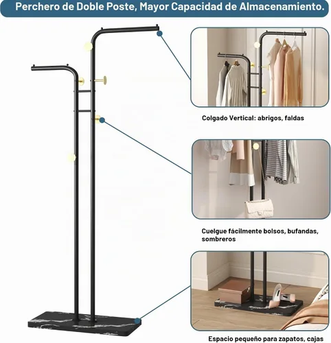 Vista 4 de HOMEFORT Perchero de Abrigos, Percheros de Metal Independientes, Soporte de Ropa y Sombreros de Doble Poste con 5 Ganchos para Closet, Dormitorio