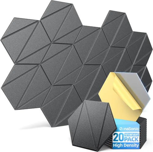 Vista 17 de Paquete de 12 paneles acústicos hexagonales con autoadhesivos, paneles de espuma a prueba de sonido de 12 x 10 x 0.4 pulgadas para paredes, paneles