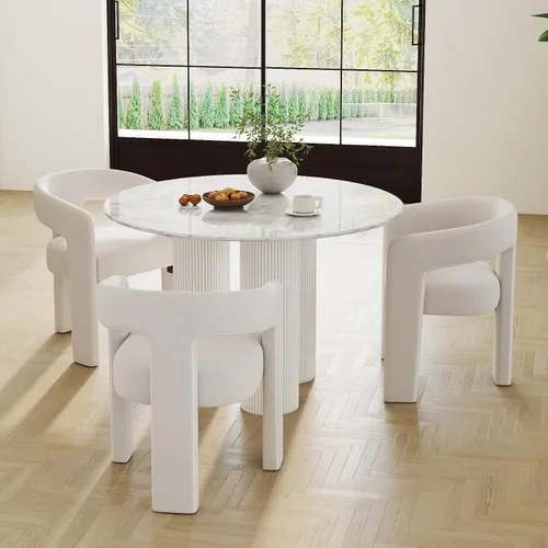 Vista 25 de RIVOVA Silla de comedor moderna de barril, silla lateral acolchada en lino con brazos cómoda para tocador, silla para comedor, sala de estar