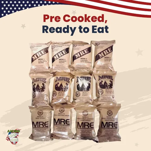 Vista 3 de MREs (Meals Ready-to-Eat) caja A, menús militares originales de EE. UU. 1-12 de Rothco