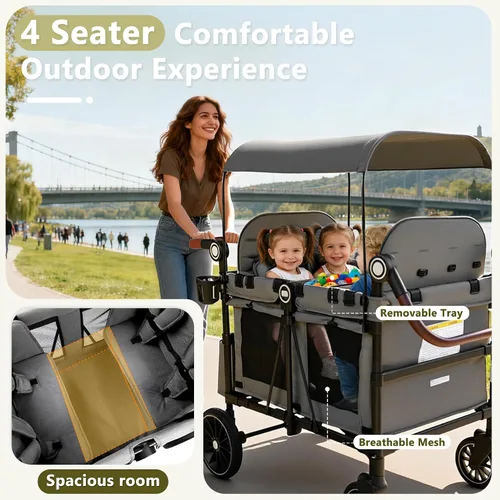 Vista 4 de Kinder King Cochecito Wagon para 4 niños, mango ajustable, gris