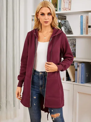 Vista 3 de Kidsform Sudadera con capucha de manga larga con cremallera completa para mujer, sudadera larga casual con capucha y bolsillos