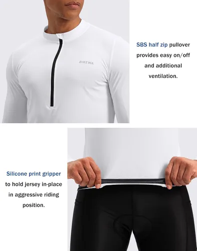 Vista 4 de Bikewa Maillot de ciclismo para hombre con 3+1 bolsillos traseros con cremallera, manga larga, absorción de humedad, UPF 50+ media cremallera