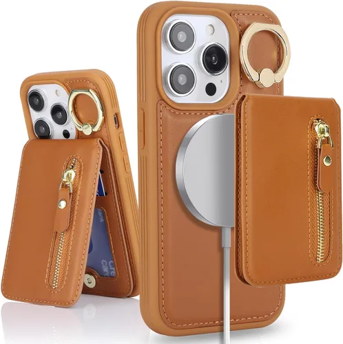 Vista 25 de para iPhone 14 Funda con soporte magnético Magsafe compatible, llavero de cuero PU plegable con soporte desmontable, funda tipo cartera 2-en-1