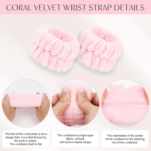 Vista 5 de CAVETEE Diadema de maquillaje para mujer, cuidado de la piel rosa para lavar la cara, lindo spa hinchado con banda elástica y esponjas faciales