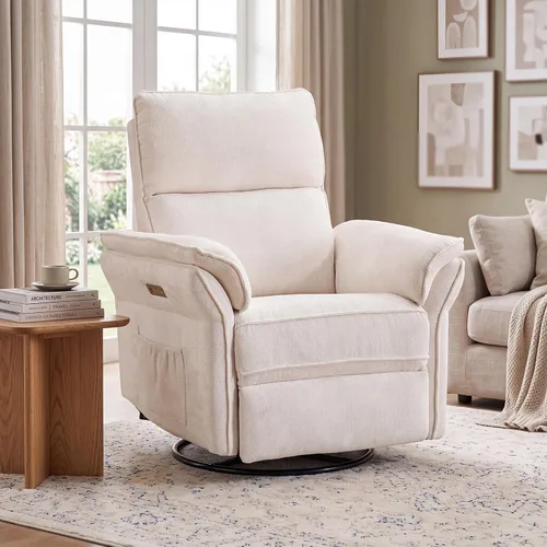 Vista 14 de Sillón reclinable giratorio de gran tamaño con reposacabezas ajustable, mecedora para guardería con reposabrazos sobrerelleno, silla reclinable Beige