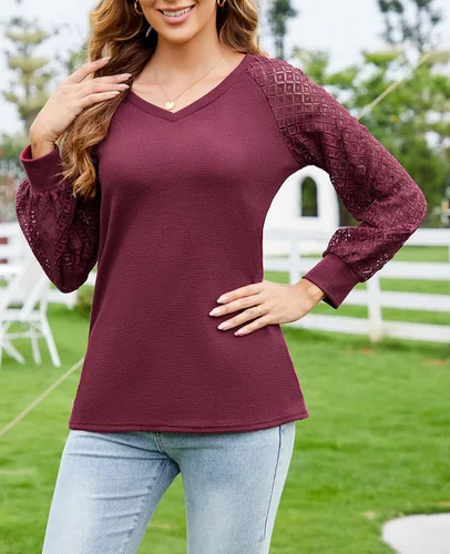 Vista 2 de MINTLIMIT Blusa de manga larga con encaje para mujer, estilo informal, elegante, de verano, holgada, de punto, cuello en V, sin botones