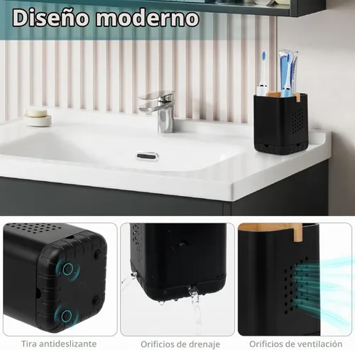 Vista 4 de Boperzi Portacepillos de dientes negros para baño, soporte eléctrico para cepillos de dientes con divisor de bambú, cepillo de dientes