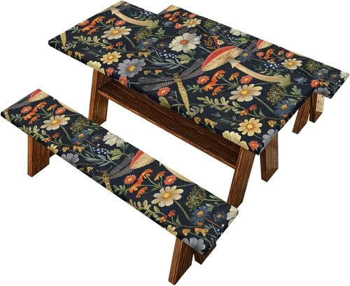Vista 33 de Juego de 3 calcetines de árbol de Navidad de dibujos animados y galletas, funda de mesa de picnic ajustable con funda de banco, manteles Calcetines