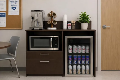 Vista 2 de BREAKtime Gabinete de estación de café con mini nevera y espacio para microondas, cocina comercial para sala de descanso, totalmente montado, 48