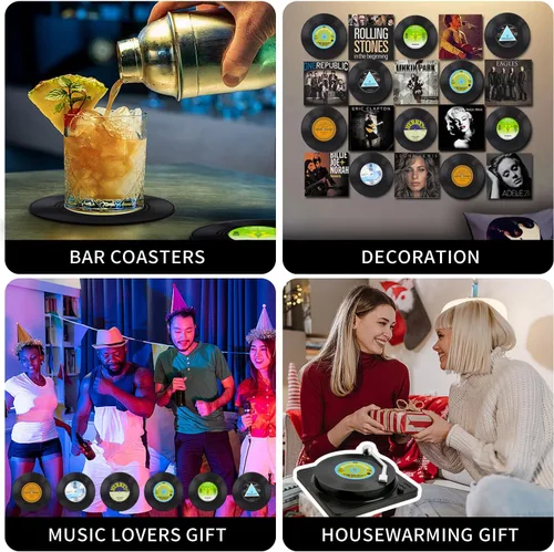 Vista 5 de Divertidos posavasos retro de discos para bebidas con soporte para reproductor de vinilo para amantes de la música, juego de 6 posavasos